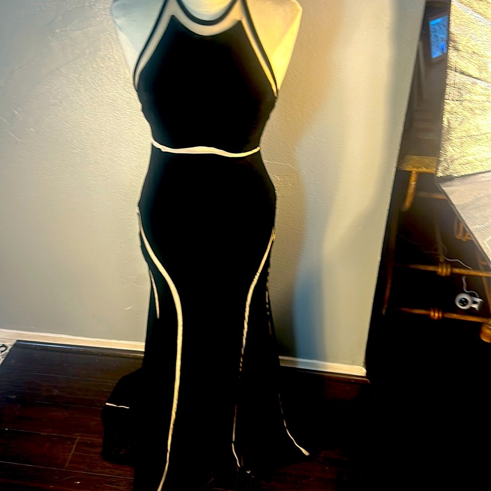 Velvet black dress see through cream fabric net by Xscape Size 8